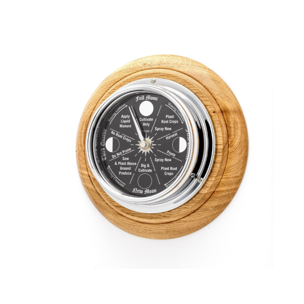 Prestige Chrome Moon Gardening Clock and English Light Oak Wall Mount