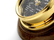 Prestige Brass Moon Gardening clock with A jet Black Mirrored Aluminium Dial, Mounted on a Solid English Dark Oak Wall Mount