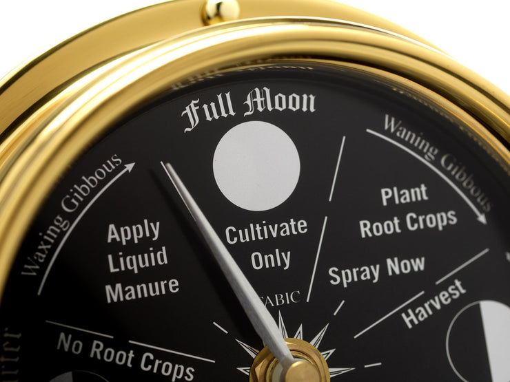 Prestige Brass Moon Gardening Clock & Dark Stain English Oak Mantle Mount