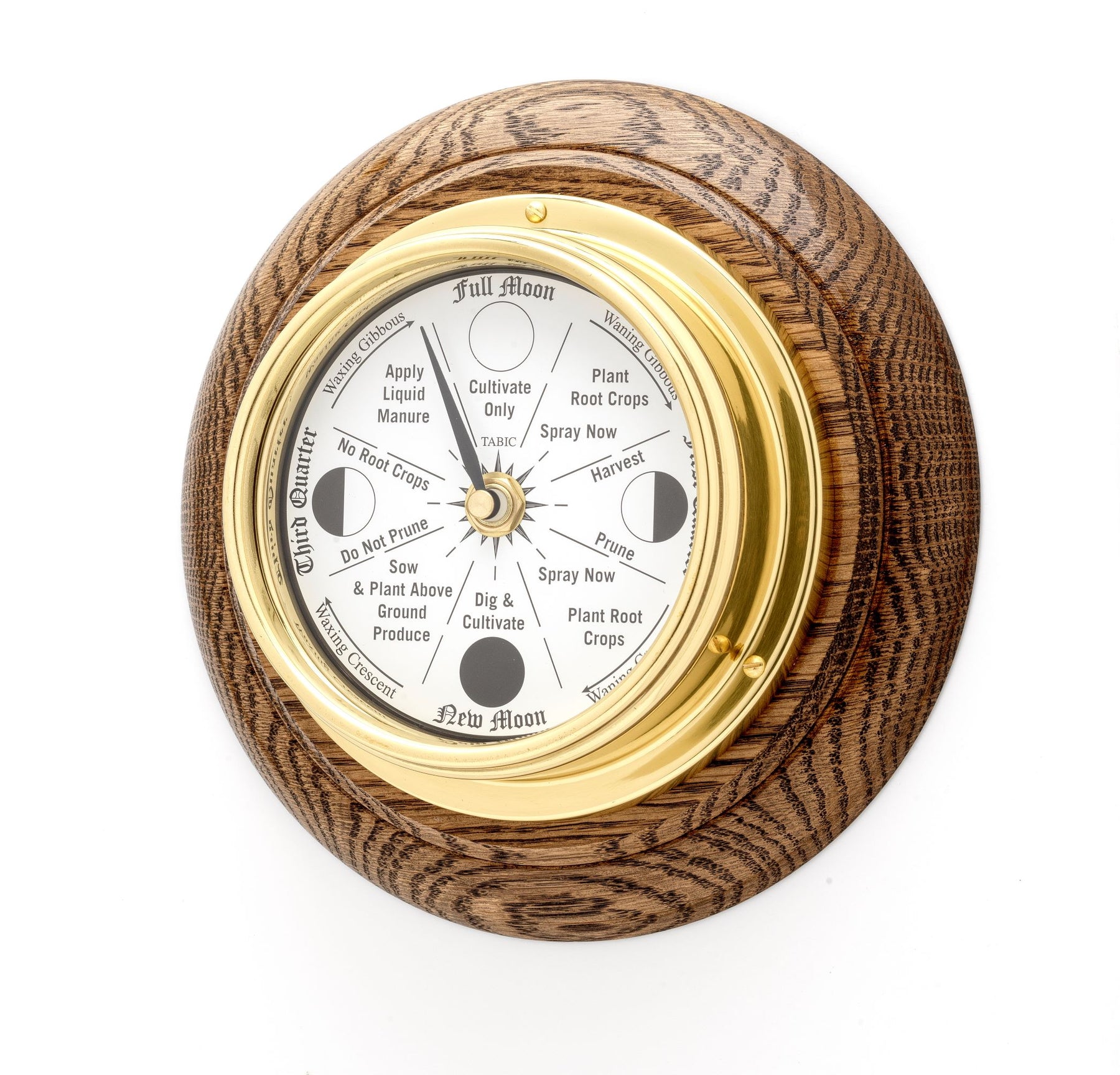 Solid Brass Moon Gardening Clock on an English Dark Oak Wall Mount