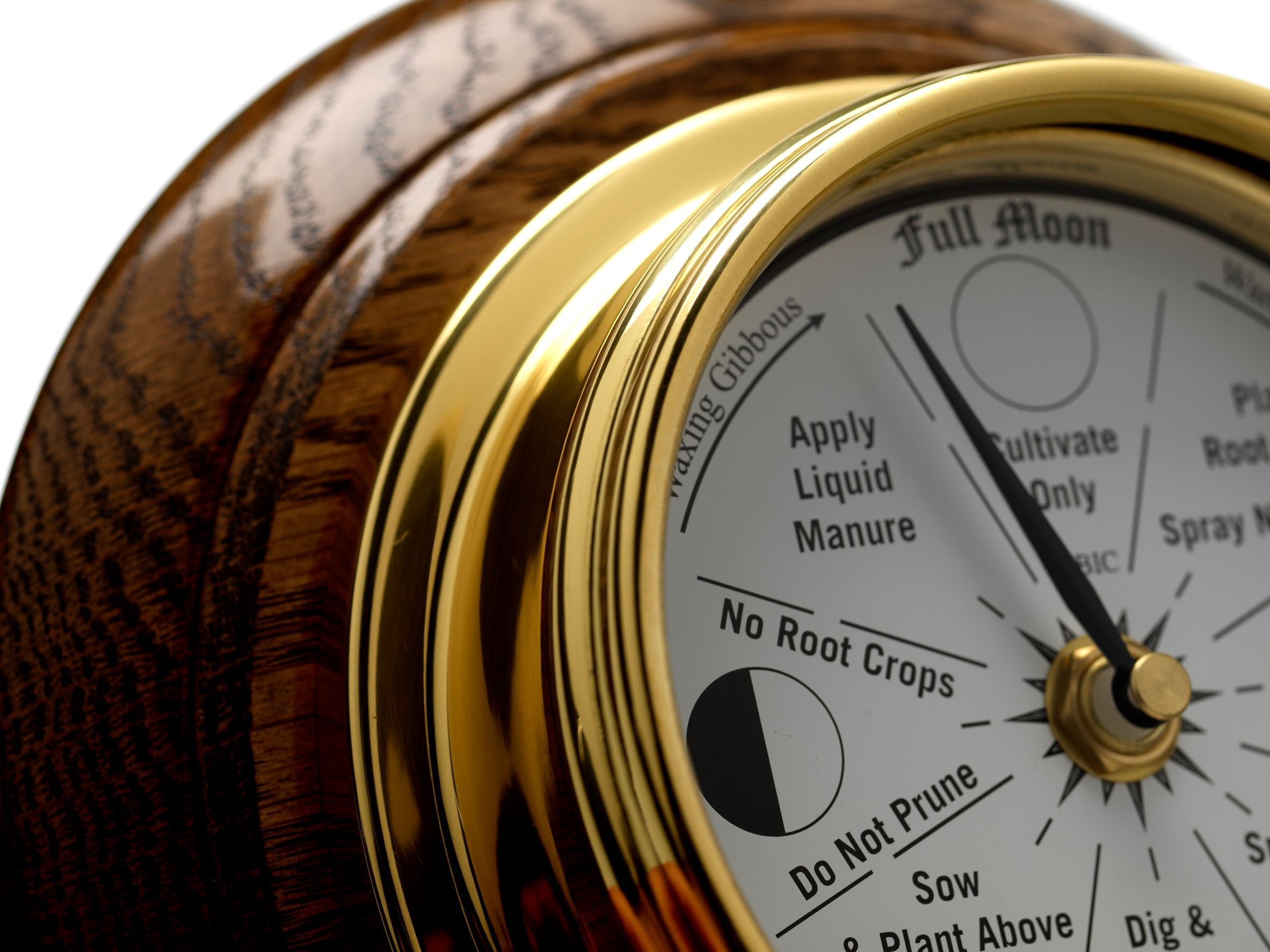 Solid Brass Moon Gardening Clock on an English Dark Oak Wall Mount