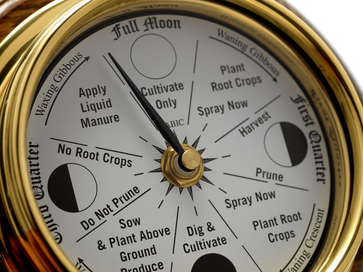Solid Brass Moon Gardening Clock on an English Dark Oak Wall Mount