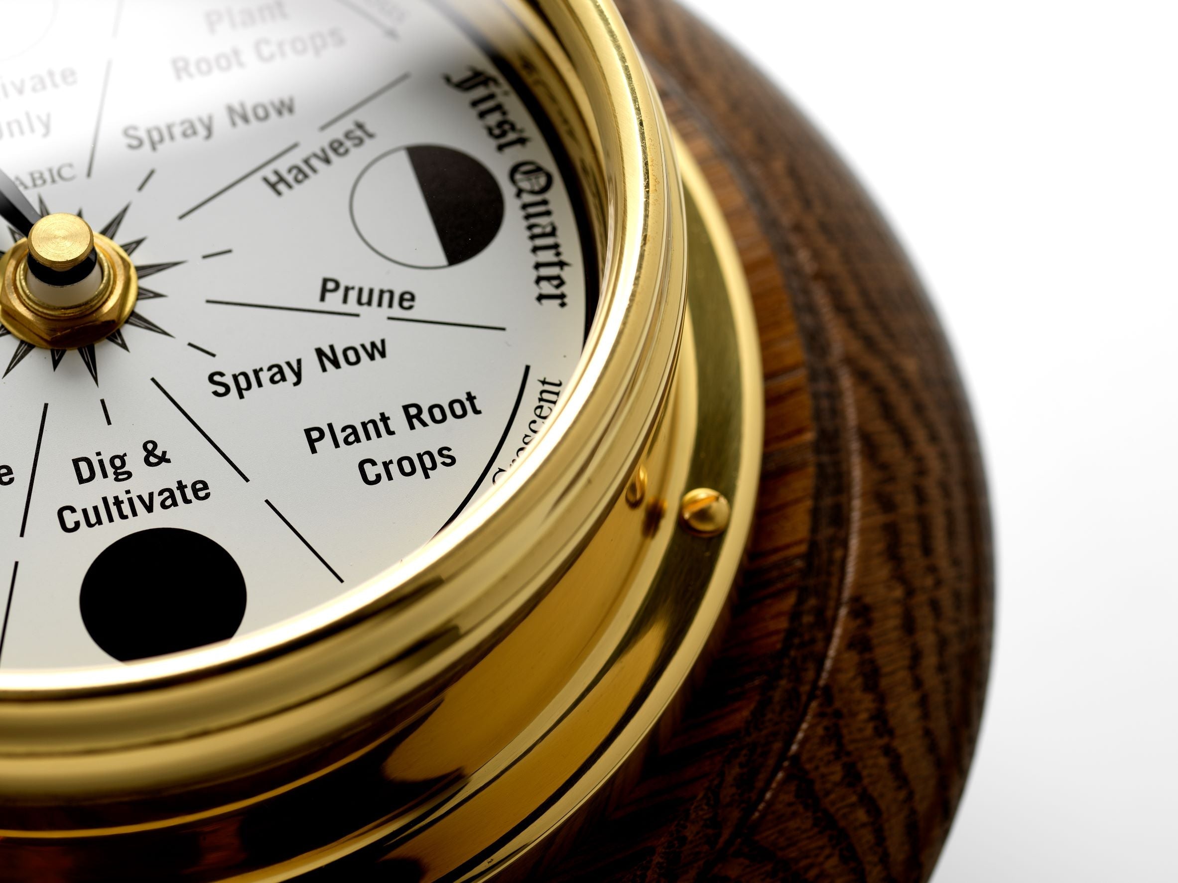 Solid Brass Moon Gardening Clock on an English Dark Oak Wall Mount