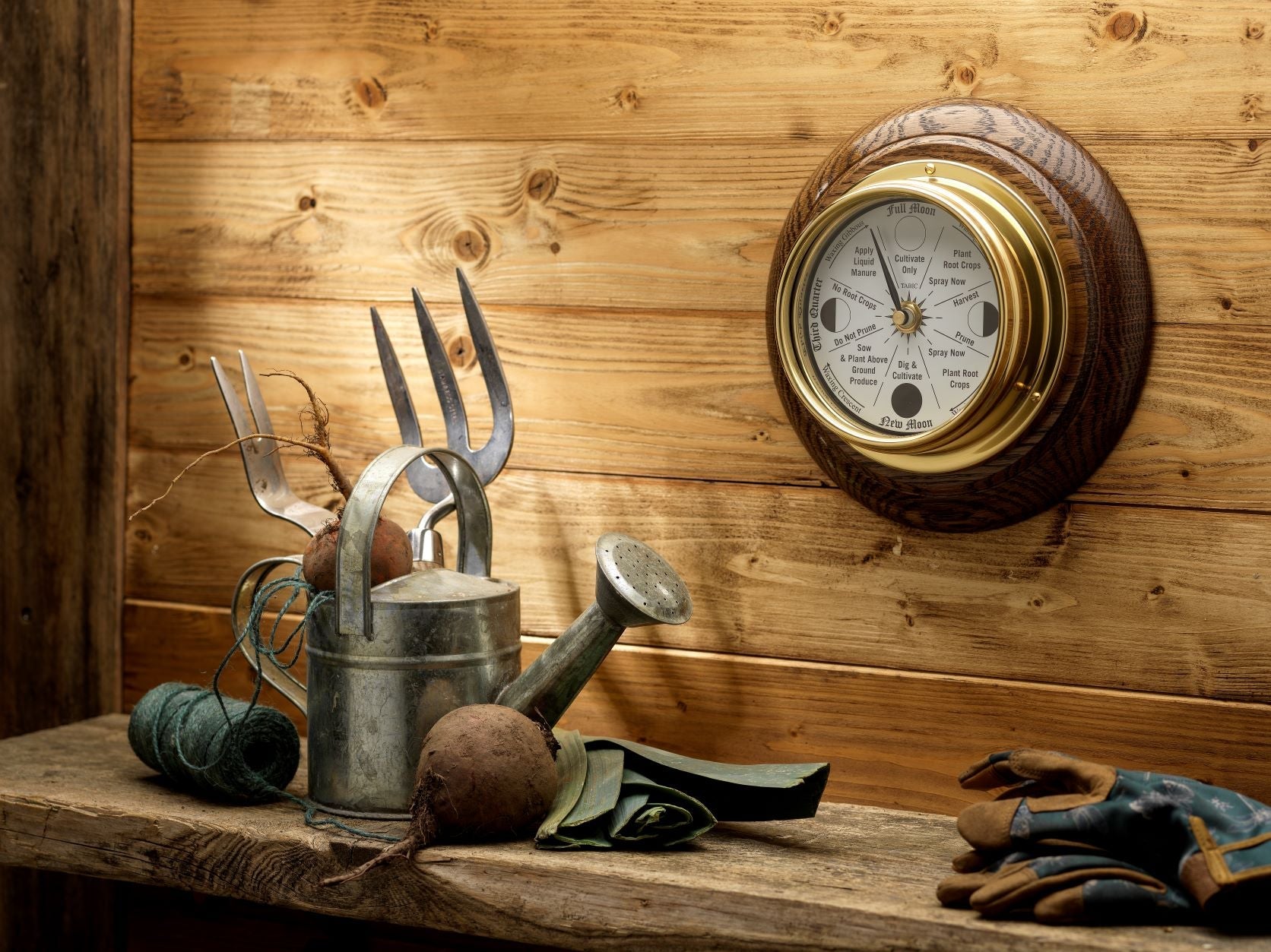 Solid Brass Moon Gardening Clock on an English Dark Oak Wall Mount