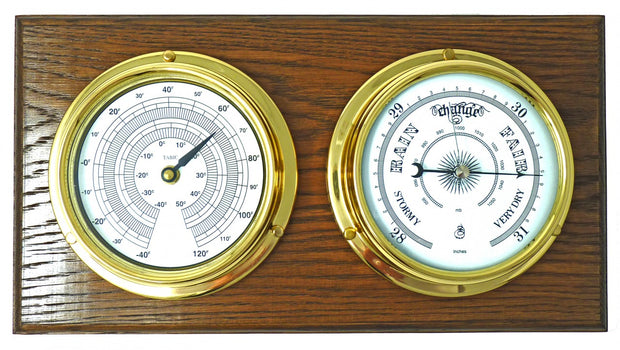 Handmade Solid Brass Thermometer and Barometer Mounted on a Double English Dark Oak Wall Mount - TABIC CLOCKS