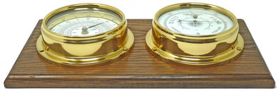 Handmade Solid Brass Thermometer and Barometer Mounted on a Double English Dark Oak Wall Mount - TABIC CLOCKS