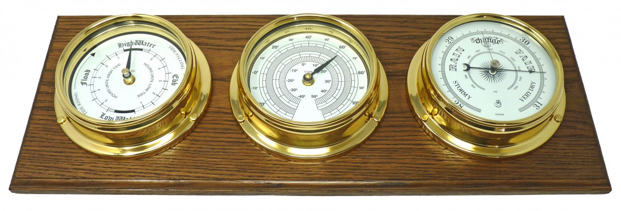 Handmade Brass Tide Clock, Barometer and Thermometer Mounted On  an English Dark Oak Wall Mount - TABIC CLOCKS