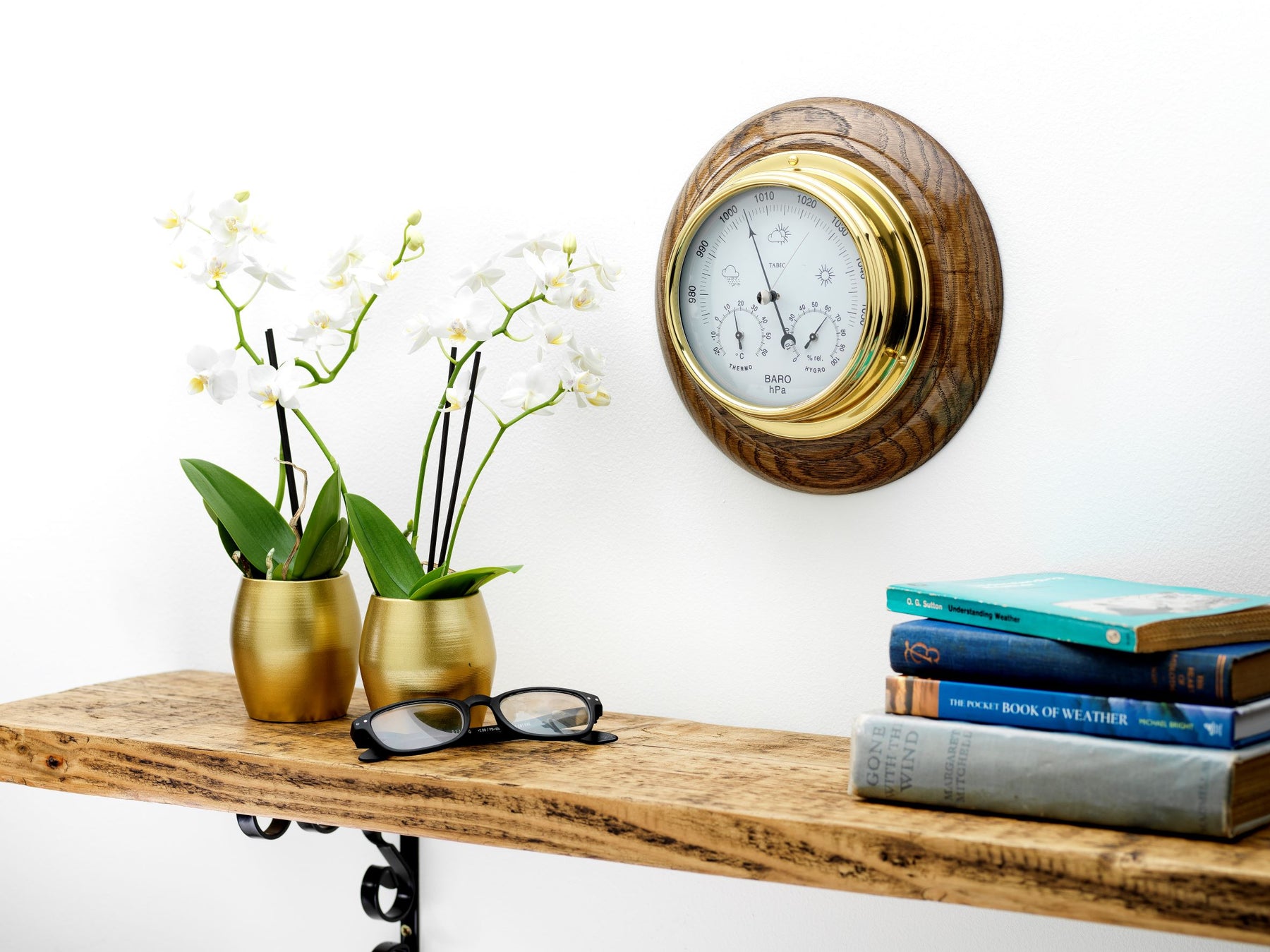 Weather Station Barometer Clock Hygrometer Thermometer Solid Wood and Brass  