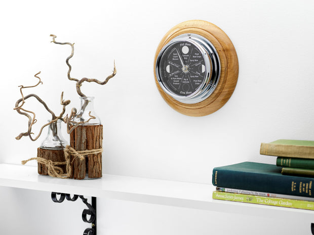 Prestige Chrome Moon Gardening Clock and English Light Oak Wall Mount