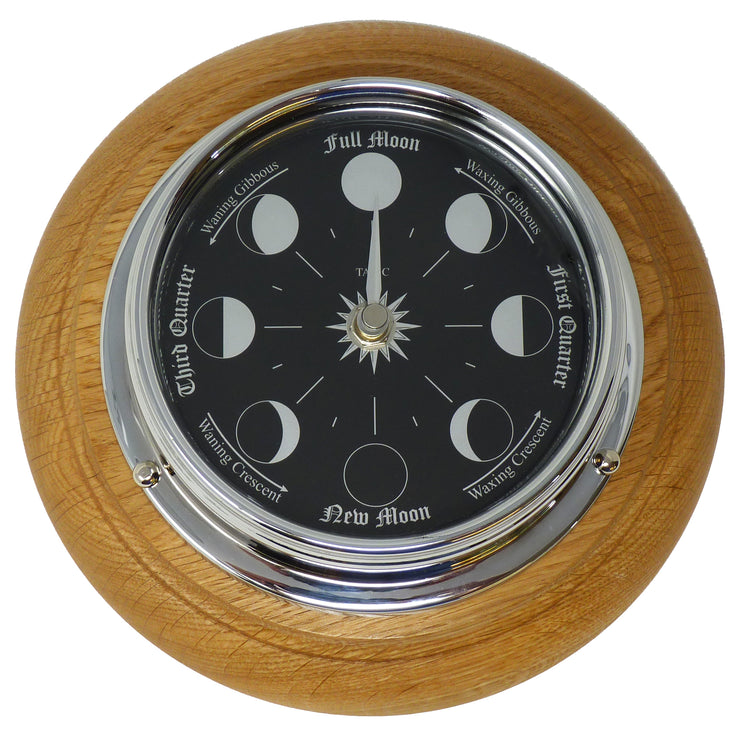 Handmade Prestige Moon Phase Clock in Chrome on an English Light Oak Wall Mount - TABIC CLOCKS