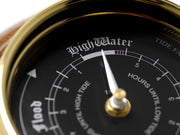 Handmade Prestige Tide Clock in Solid Brass With a Jet Black Dial, mounted on a solid English Dark Oak Wall Mount - TABIC CLOCKS