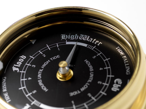 Handmade Prestige Tide Clock in Solid Brass With a Jet Black Dial, mounted on a solid English Dark Oak Mantel/Display Mount - TABIC CLOCKS