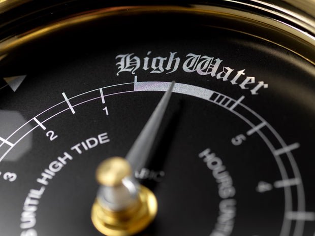 Handmade Prestige Tide Clock in Solid Brass With a Jet Black Dial, mounted on a solid English Dark Oak Mantel/Display Mount - TABIC CLOCKS