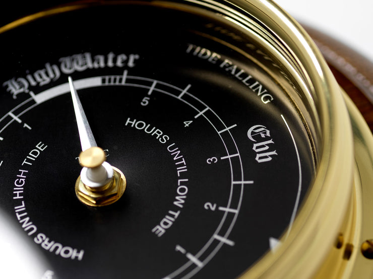 Handmade Prestige Tide Clock in Solid Brass With a Jet Black Dial, mounted on a solid English Dark Oak Wall Mount - TABIC CLOCKS