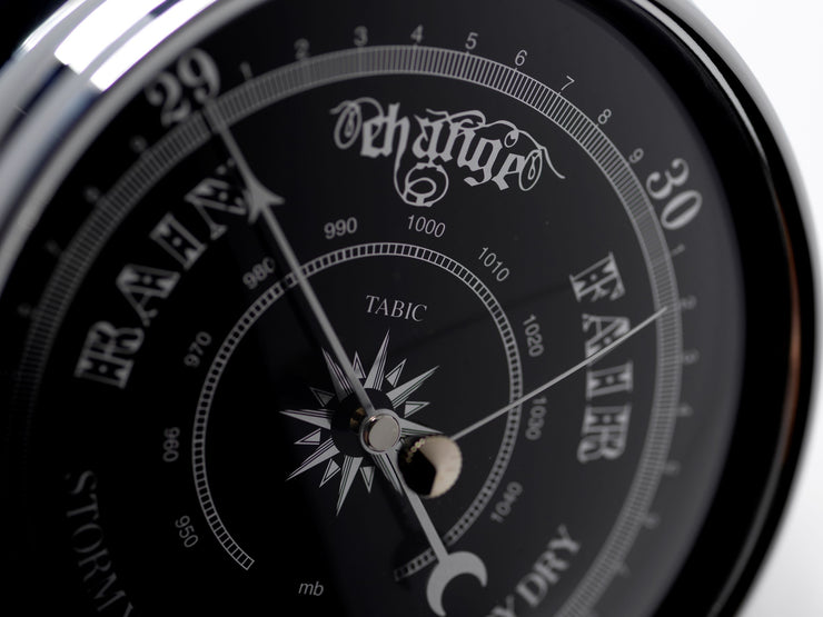 Handmade Prestige Traditional Barometer in Chrome with a Jet Black Dial created with a mirrored backdrop - TABIC CLOCKS