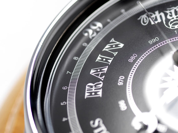 Handmade Prestige Barometer in Chrome with Jet Black Dial Mounted on an English Light Oak Wall Mount - TABIC CLOCKS