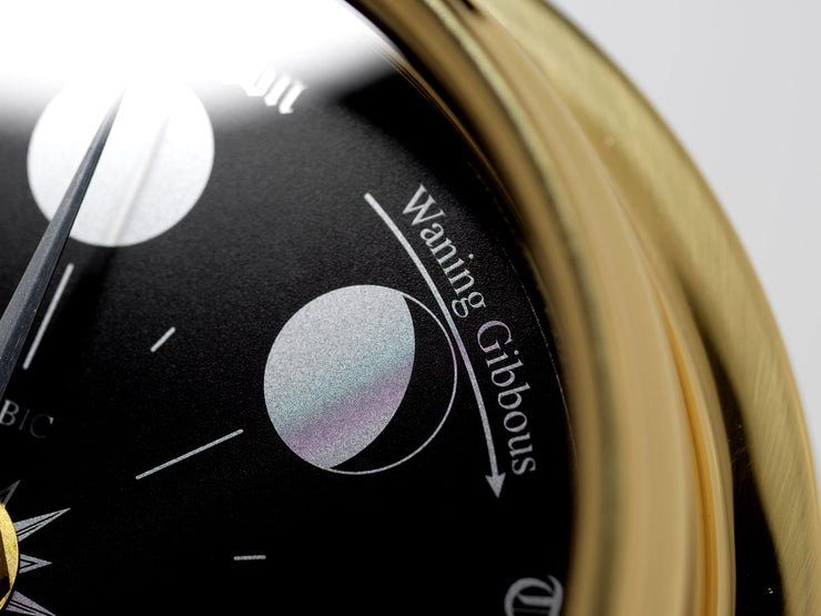 Handmade Prestige Moon Phase Clock in Solid Brass With A Jet Black Dial created with a mirrored backdrop - TABIC CLOCKS