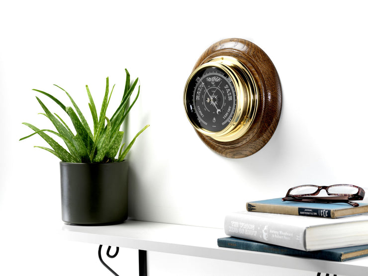 Handmade Prestige Barometer With Jet Black Dial Mounted on an English Dark Oak Wall Mount - TABIC CLOCKS