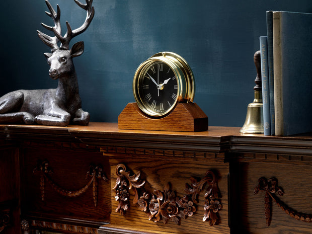 Handmade Solid Brass Roman Clock Mounted on an English Dark Oak Mantel/Display Mount - TABIC CLOCKS