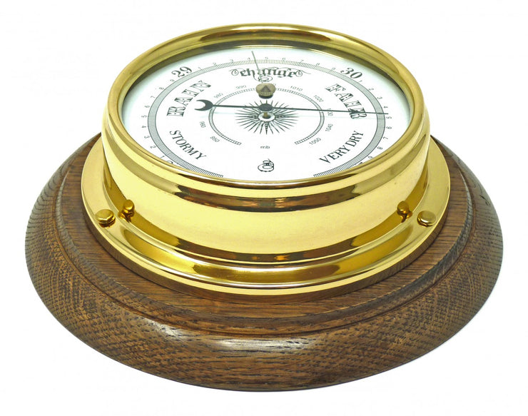 Handmade Solid Brass Traditional Barometer Mounted on an English Dark Oak Wall Mount - TABIC CLOCKS