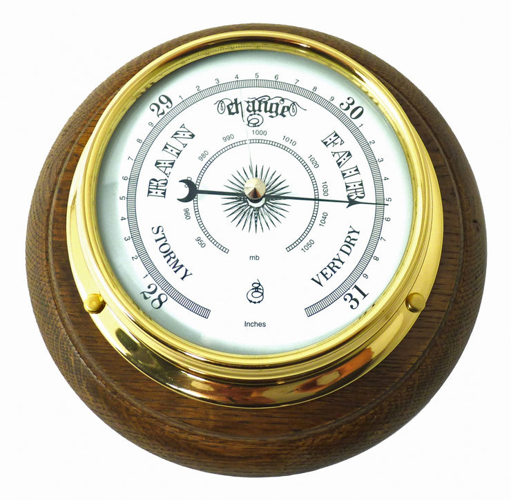 Handmade Solid Brass Traditional Barometer Mounted on an English Dark Oak Wall Mount - TABIC CLOCKS