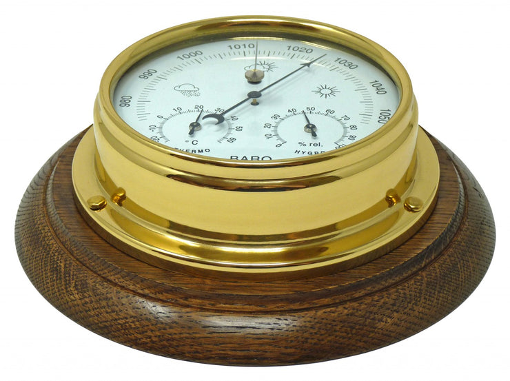 Handmade Solid Brass Barometer/Thermometer/Hygrometer on an English Dark Oak Wall Mount - TABIC CLOCKS
