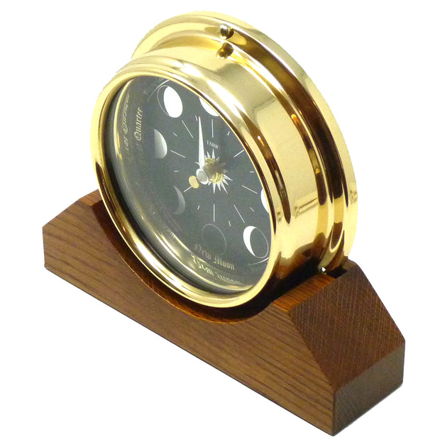 Prestige Brass Moon Phase Clock With a Jet Black Dial Mounted on a Solid English Dark Oak Mantel/Display Mount - TABIC CLOCKS