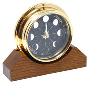 Prestige Brass Moon Phase Clock With a Jet Black Dial Mounted on a Solid English Dark Oak Mantel/Display Mount - TABIC CLOCKS
