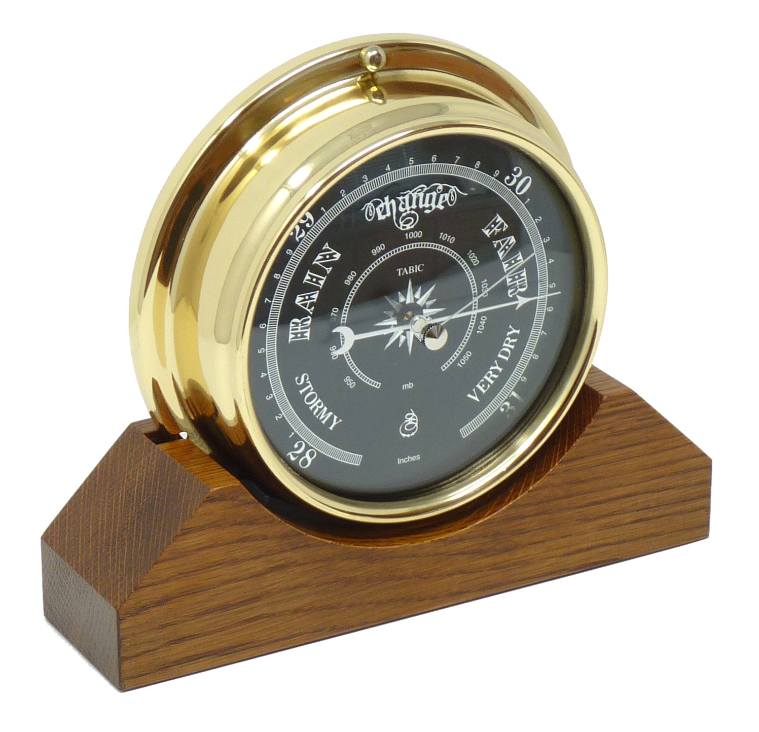 Handmade Prestige Barometer With Jet Black Dial Mounted on an English Dark Oak Mantel/Display Mount - TABIC CLOCKS