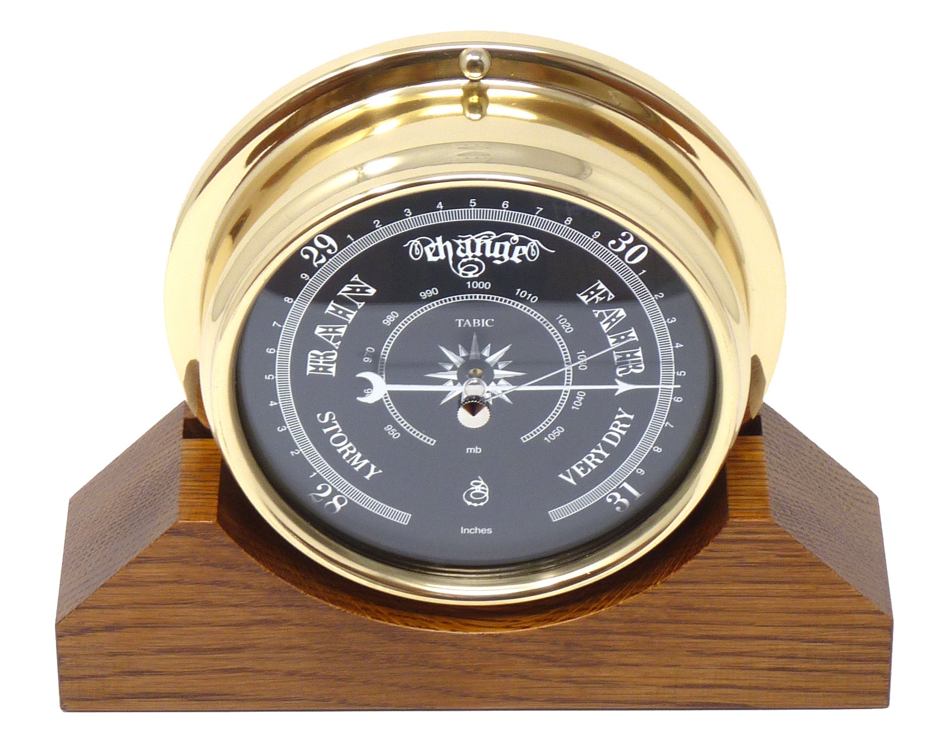 Handmade Prestige Barometer With Jet Black Dial Mounted on an English Dark Oak Mantel/Display Mount - TABIC CLOCKS