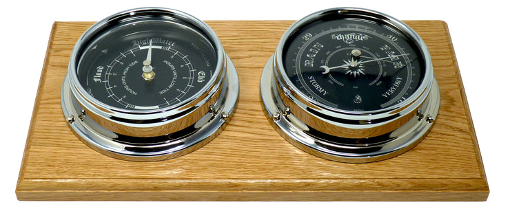 Handmade Prestige Traditional Barometer and Tide Clock in Chrome, Mounted on a Double English Light Oak Wall Mount - TABIC CLOCKS