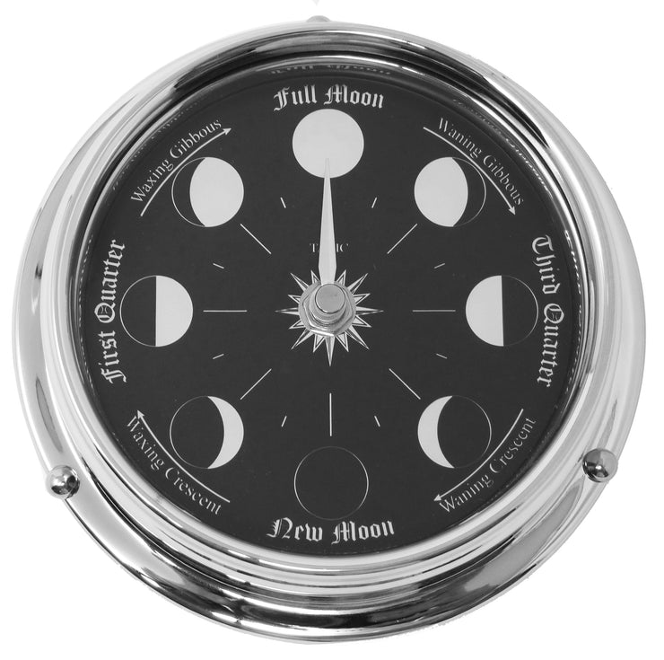 Handmade Prestige Moon Phase Clock in Chrome with Jet Black Dial created with a mirrored backdrop - TABIC CLOCKS