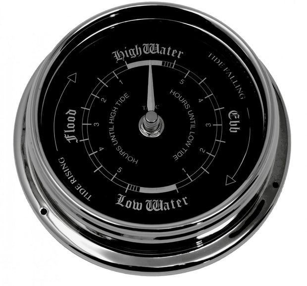 Handmade Prestige Tide Clock in Chrome With A Jet Black Dial created with a mirrored backdrop - TABIC CLOCKS