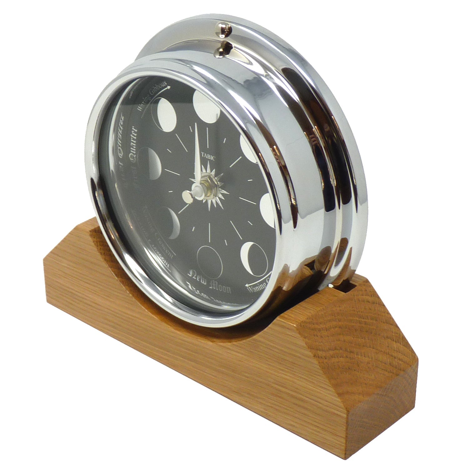 Handmade Prestige Moon Phase Clock in Chrome on an English Light Oak Mantel/Display Mount - TABIC CLOCKS