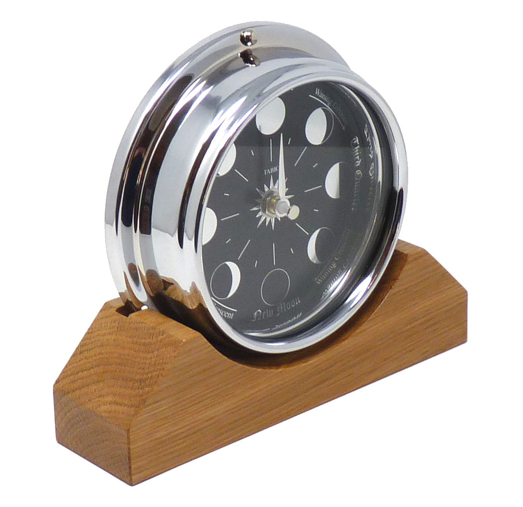 Handmade Prestige Moon Phase Clock in Chrome on an English Light Oak Mantel/Display Mount - TABIC CLOCKS