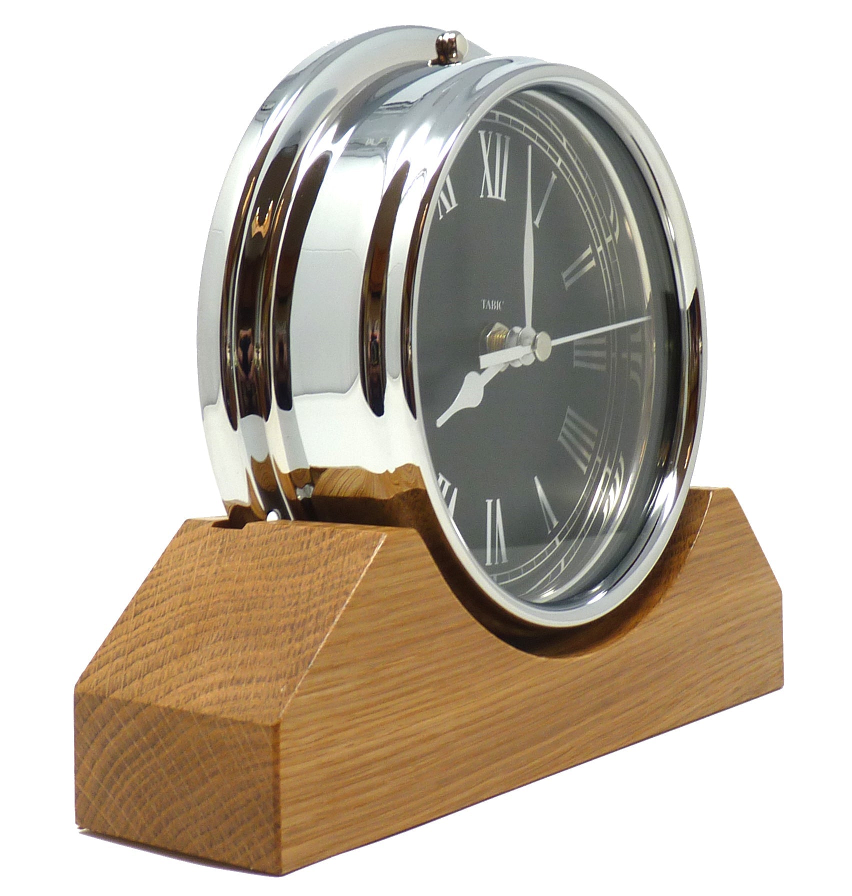 Handmade Prestige Roman Clock in Chrome with Jet Black Dial Mounted on an English Light Oak Mantel/Display Mount - TABIC CLOCKS