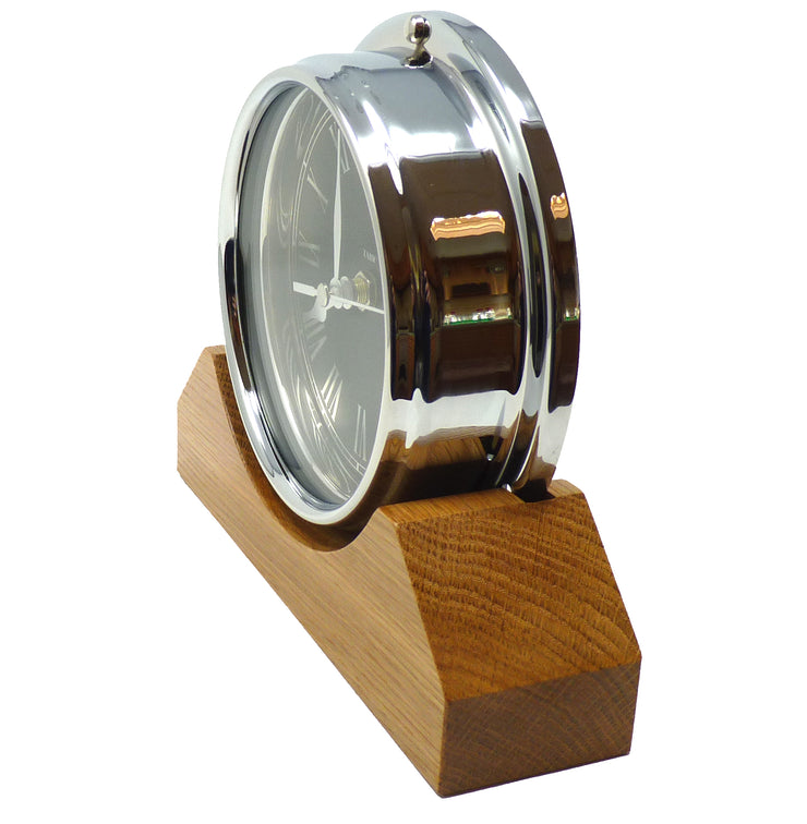 Handmade Prestige Roman Clock in Chrome with Jet Black Dial Mounted on an English Light Oak Mantel/Display Mount - TABIC CLOCKS