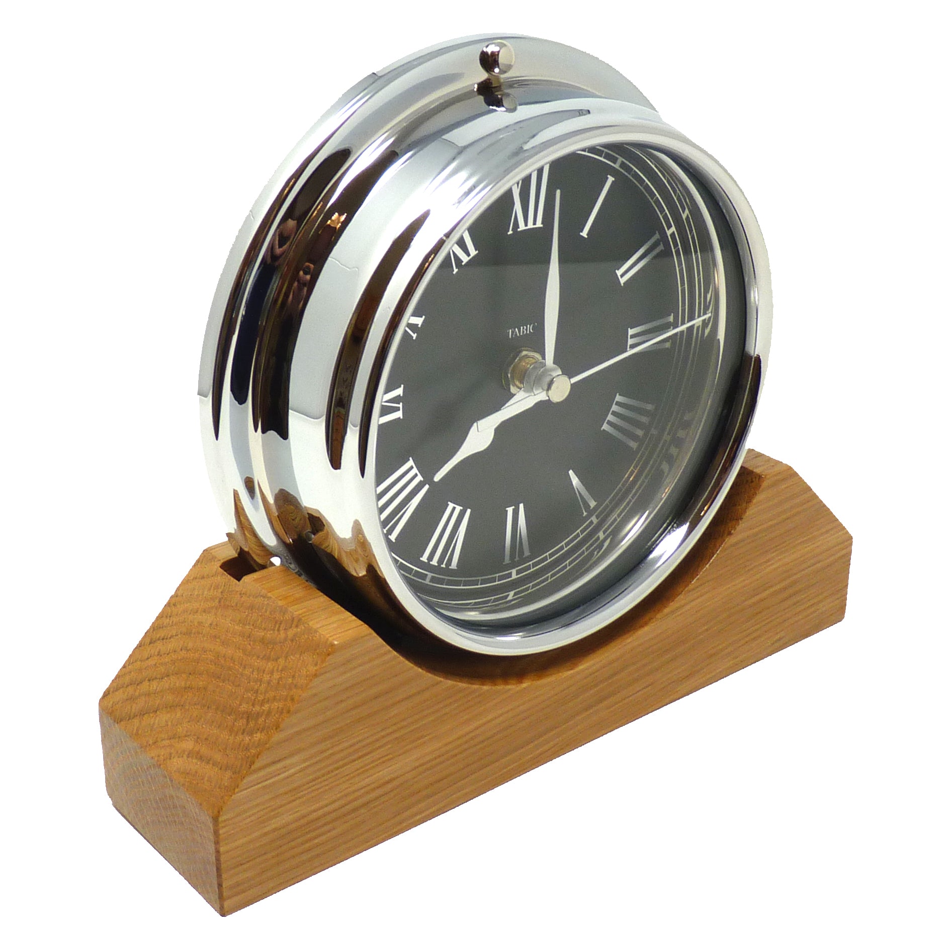 Handmade Prestige Roman Clock in Chrome with Jet Black Dial Mounted on an English Light Oak Mantel/Display Mount - TABIC CLOCKS