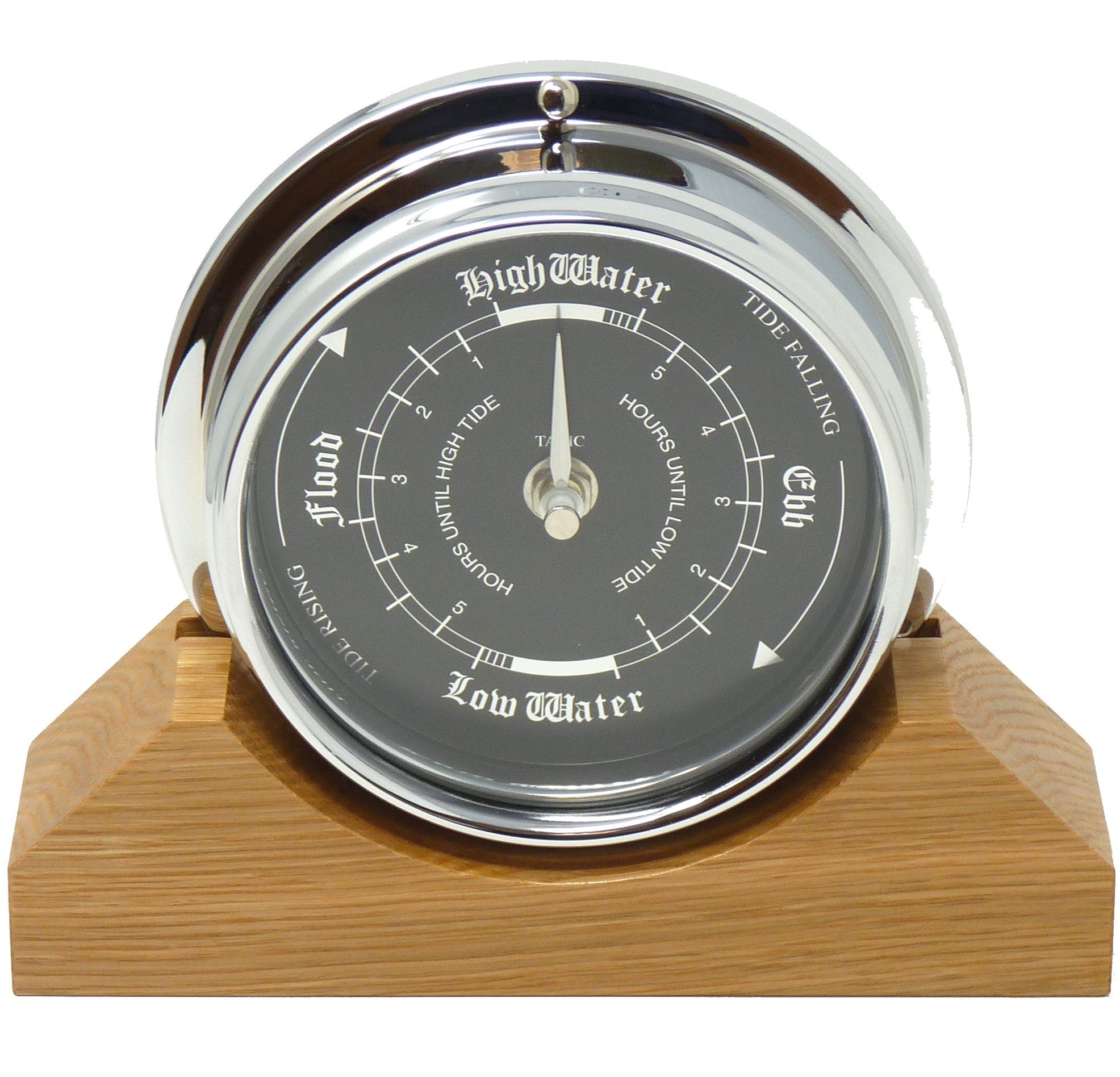 Handmade Prestige Tide Clock in Chrome on an English Light Oak Mantel/Display Mount - TABIC CLOCKS