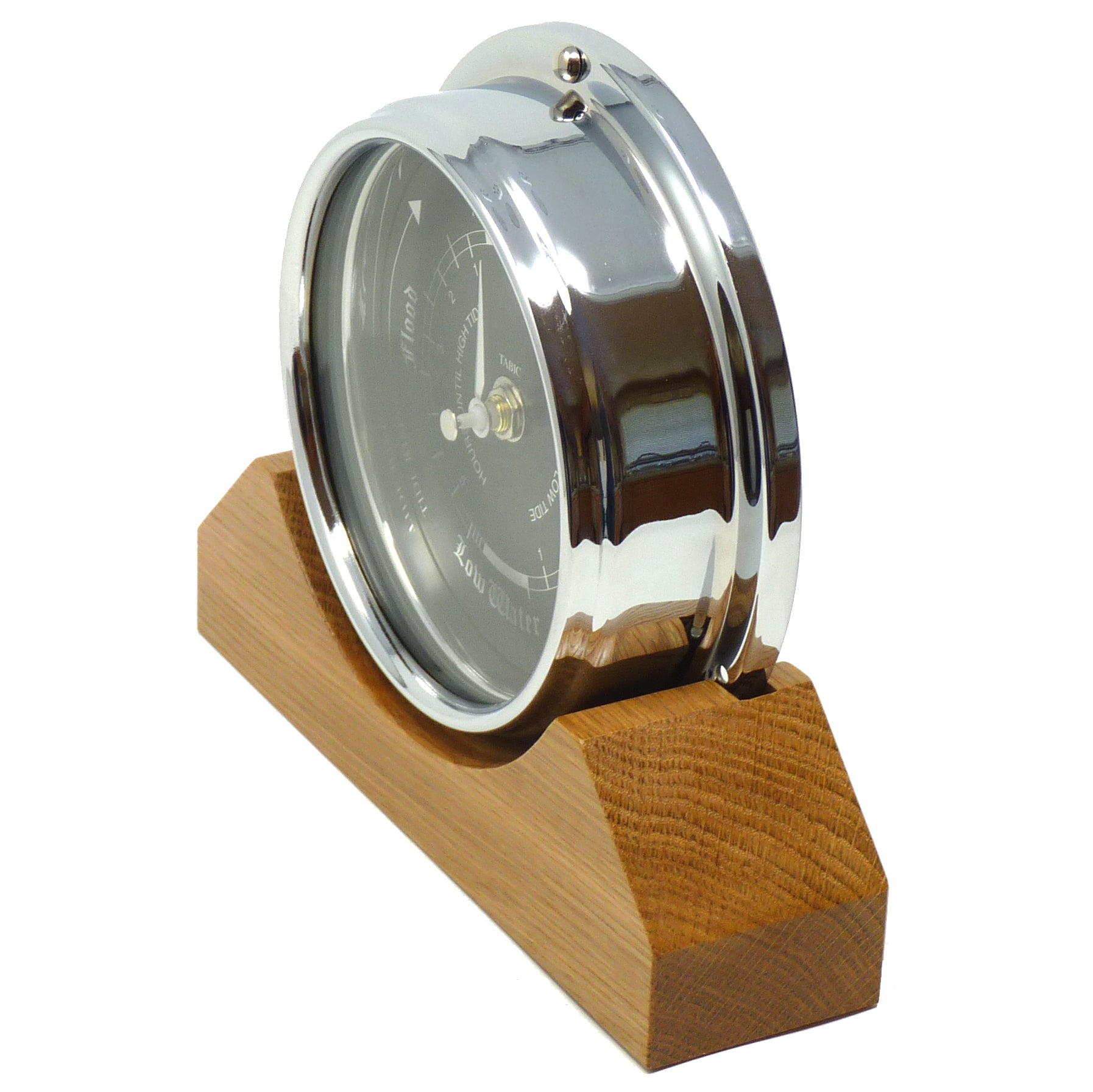 Handmade Prestige Tide Clock in Chrome on an English Light Oak Mantel/Display Mount - TABIC CLOCKS