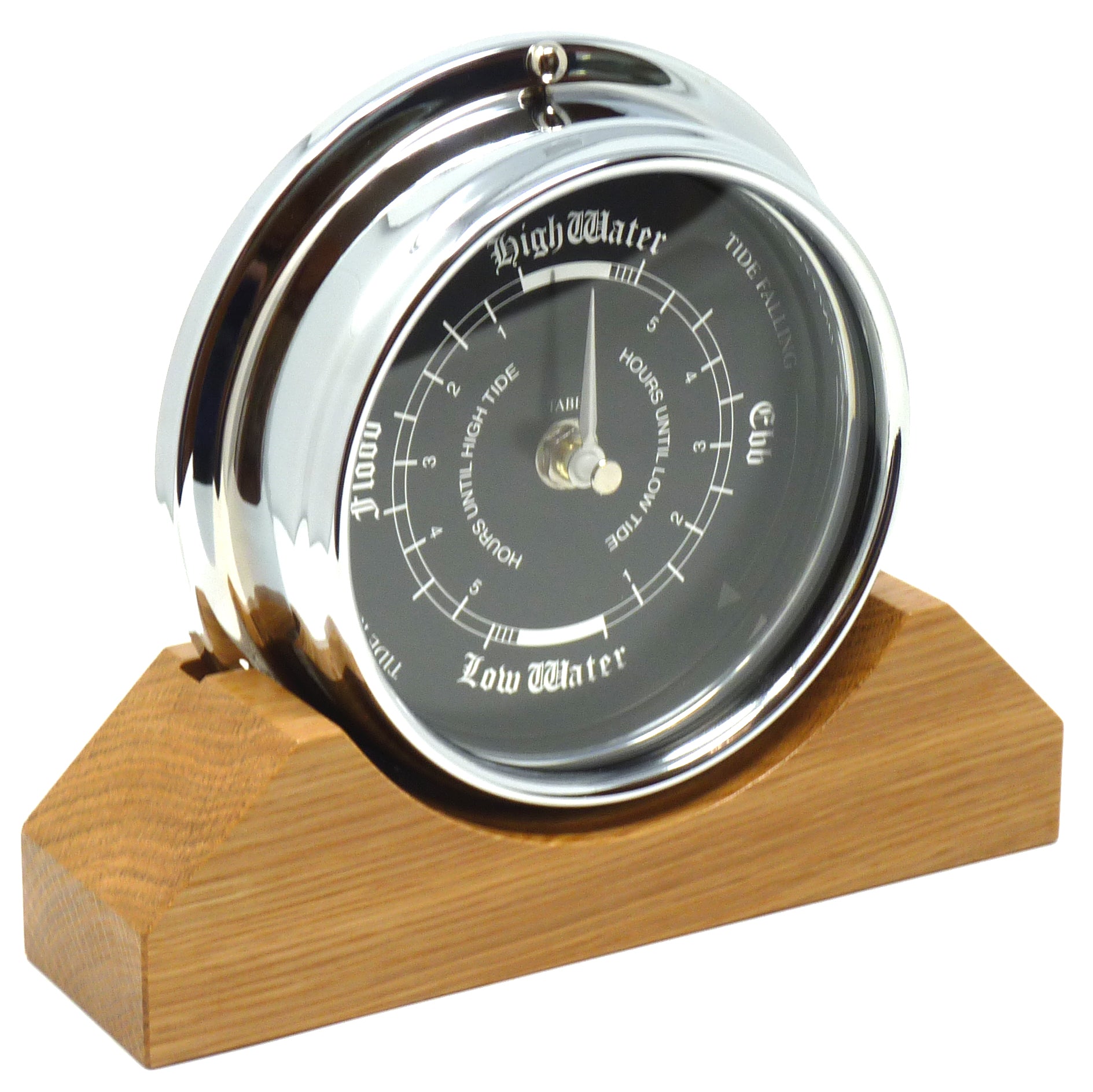 Handmade Prestige Tide Clock in Chrome on an English Light Oak Mantel/Display Mount - TABIC CLOCKS