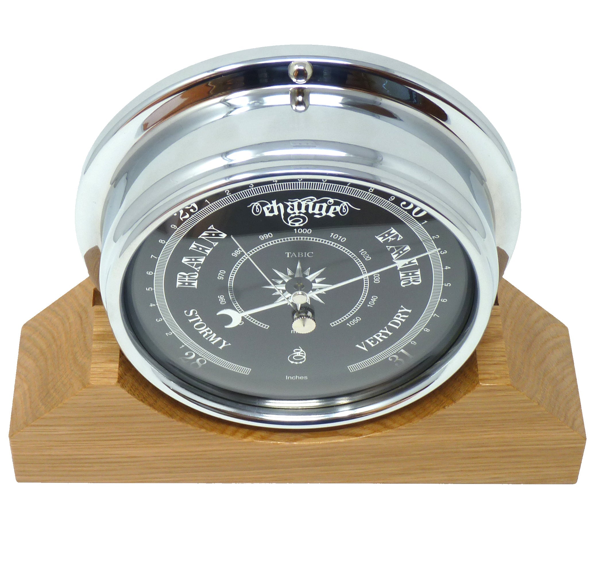 Handmade Prestige Barometer in Chrome with Jet Black Dial Mounted on an English Light Oak Mantel/Display Mount - TABIC CLOCKS