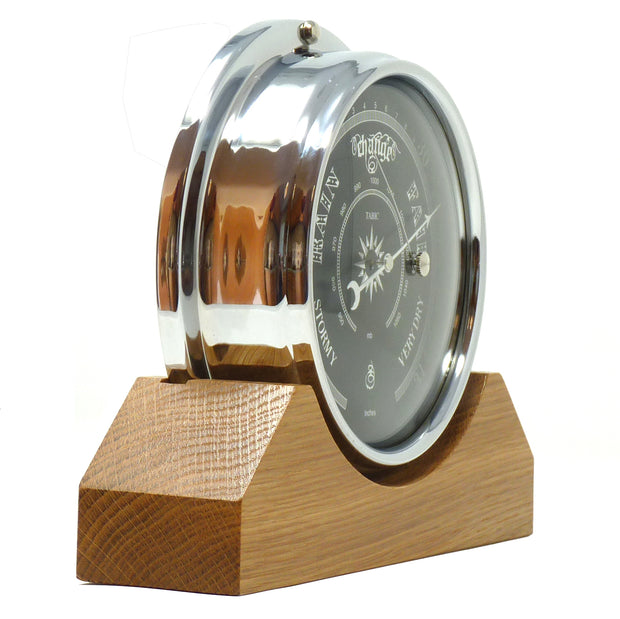 Handmade Prestige Barometer in Chrome with Jet Black Dial Mounted on an English Light Oak Mantel/Display Mount - TABIC CLOCKS