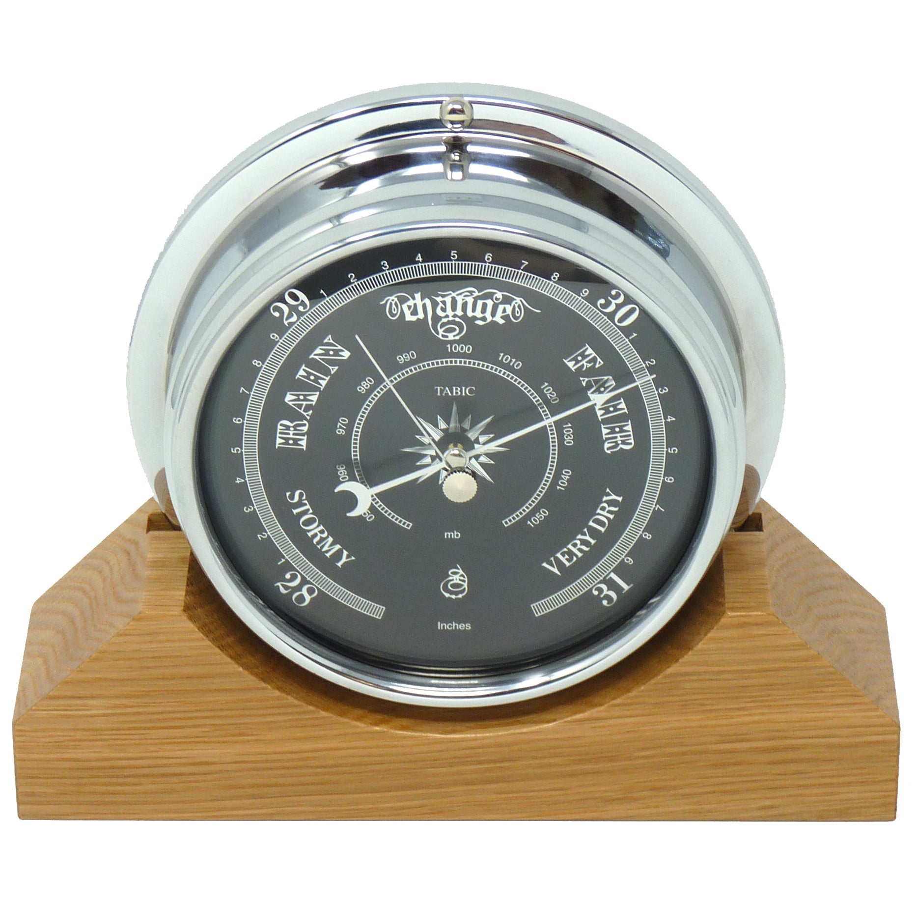 Handmade Prestige Barometer in Chrome with Jet Black Dial Mounted on an English Light Oak Mantel/Display Mount - TABIC CLOCKS