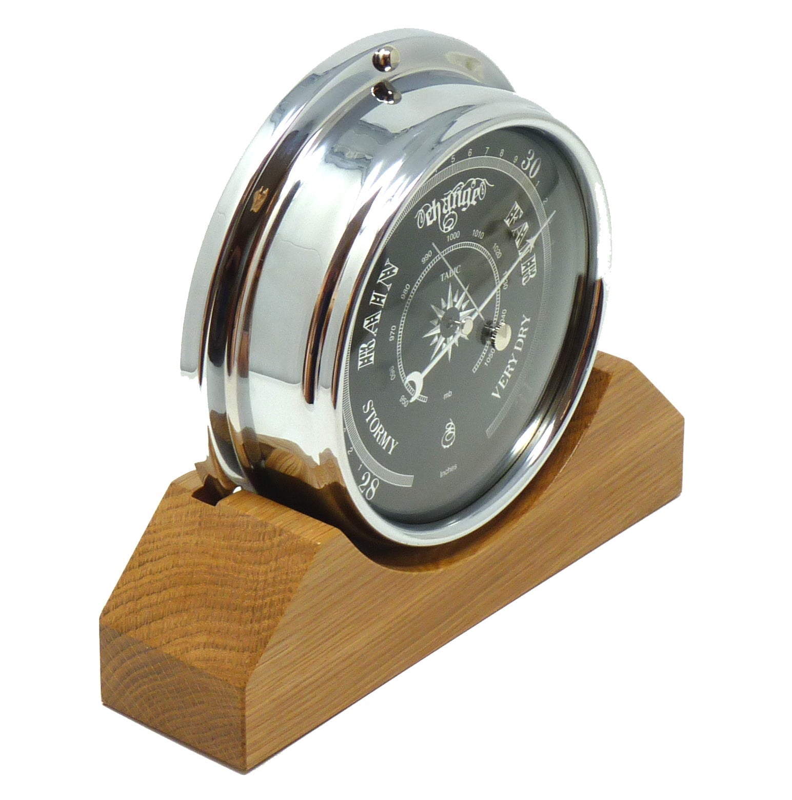 Handmade Prestige Barometer in Chrome with Jet Black Dial Mounted on an English Light Oak Mantel/Display Mount - TABIC CLOCKS