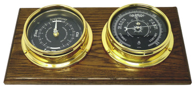 Handmade Prestige Brass Tide Clock, Traditional Barometer  with Jet Black Dial Mounted on a Dark Oak Wall Mount - TABIC CLOCKS